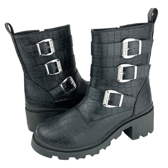 SUGAR FILO Women's Lug Sole Croc Embossed Combats Boots - Picture 1 of 10